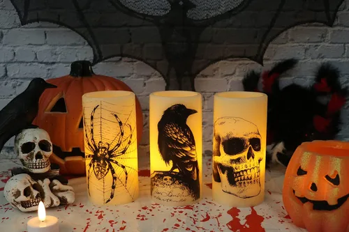 Miniatura 9 de Eldnacele Velas LED sin llama parpadeantes de Halloween, funcionan con pilas, con temporizador de 6H, calcomanías de calavera, telaraña, cuervo