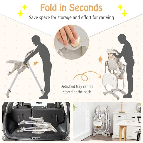 Miniatura 5 de HOMGX - Silla alta portátil, silla de alimentación plegable para bebés con reposapiés y respaldo ajustables, bandeja doble grande apta