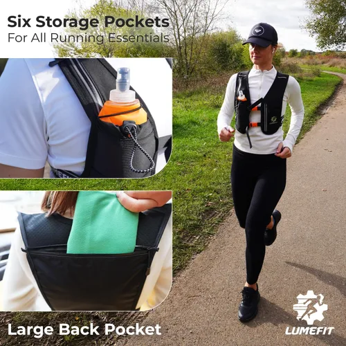 Miniatura 7 de LUMEFIT Chaleco para correr con soporte para teléfono, chaleco de hidratación con botella de agua, chaleco reflectante para hombres y mujeres