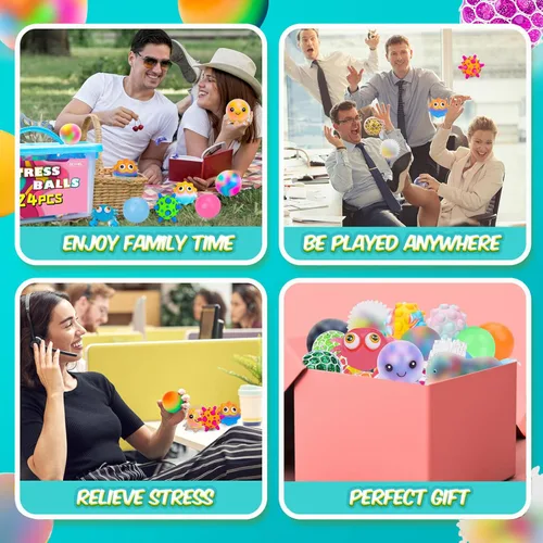 Miniatura 7 de Paquete de 24 bolas antiestrés, bolas esponjosas, bolas para apretar para adultos, bolas de alivio del estrés, rellenos de caja de premios