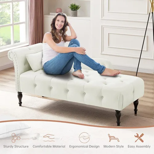 Miniatura 3 de Chaise Lounge - Silla de terciopelo para interiores con almohada, con botones copetudos, brazo derecho, con ribete de cabeza de clavos y patas Blanco