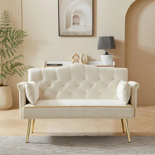 Miniatura 12 de hansones Sofá biplaza moderno de terciopelo de 55 pulgadas con patas de metal dorado y bolsillos laterales, respaldo copetudo, perfecto para sala