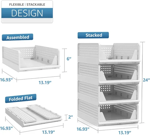 Miniatura 6 de Sorbus Paquete de 4 organizadores plegables para ropa, cestas de almacenamiento apilables versátiles para armario, baño, cocina y garaje con diseño