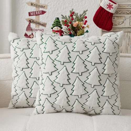 Miniatura 28 de Kevin Textile - Fundas de almohada con diseño de árbol de Navidad de 16 x 16 pulgadas, juego de 2, bordado de lujo, felpa suave, piel sintética