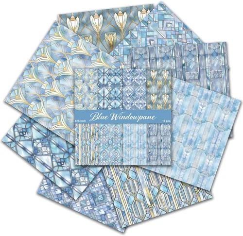 Miniatura 2 de PRSTINCOL Papel para álbum de recortes, 16 hojas de 6 x 6 pulgadas, suministros de álbum de recortes de estilo de ventana azul, papel de decoupage