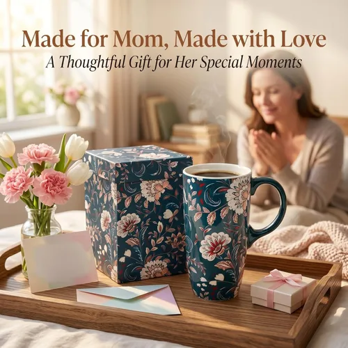 Miniatura 4 de Topadorn Taza de Café de Cerámica de Porcelana Latte Taza de Té con Tapa y Caja de Regalo 17oz, Flor Azul