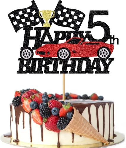 Miniatura 9 de Decoración de pastel de auto de carreras de 3 años, decoración de pastel de feliz tercer cumpleaños, auto de carreras, bandera a cuadros, rueda