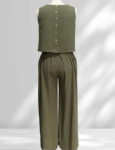 Miniatura 5 de InterNos Conjunto de 2 piezas de verano para mujer, sin mangas, con botones en la espalda, pantalones cortos de pierna ancha, conjunto de lino