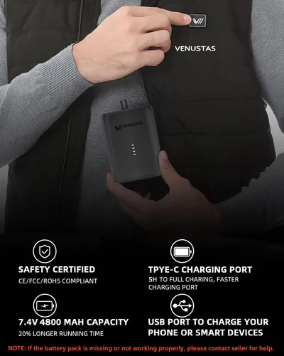 Miniatura 5 de Venustas Chaleco calefactado para hombre con batería de 7.4 V, chaleco de caza con calefacción