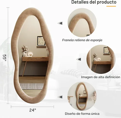 Miniatura 4 de Honyee Espejo de pared de 55 x 24 pulgadas, marco de madera envuelto en franela, espejo ondulado, espejo irregular para colgar en Té de leche