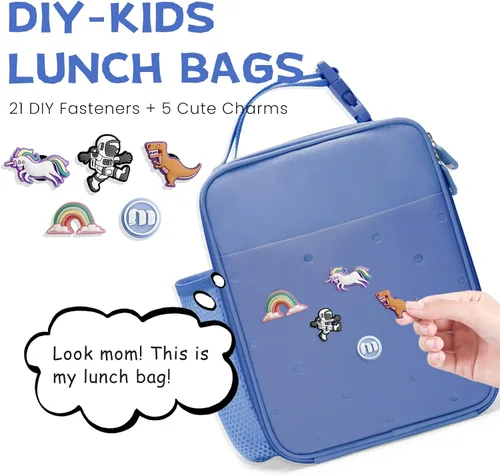 Miniatura 2 de MEXS Lonchera para niños, con dije de bricolaje y bolsas de almuerzo aisladas para niños y niñas, bolsa de almuerzo para la escuela, picnic con Azul