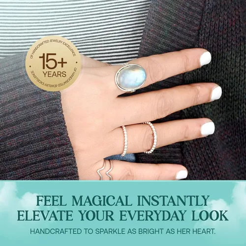 Miniatura 4 de Anillo de plata de ley Boho-Magic con piedra lunar para mujer Joyería boho con piedra preciosa ovalada Anillo de piedra lunar arcoíris Regalo