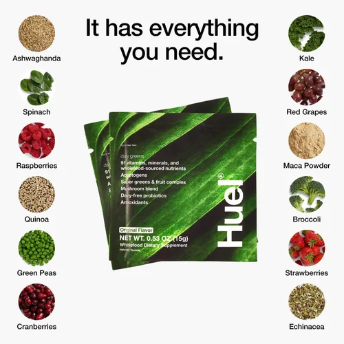Miniatura 4 de Huel Daily Greens de una sola porción Polvo de superalimento verde 91 vitaminas, minerales e ingredientes de origen integral Adaptógenos