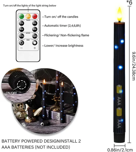 Miniatura 5 de kakoya Velas cónicas sin llama de cera real con temporizador remoto, 6 velas cónicas que funcionan con pilas, velas LED de 9.6 pulgadas con cuerda