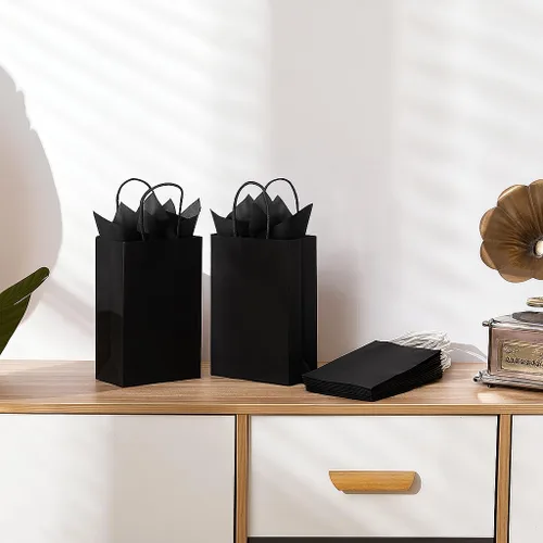 Miniatura 3 de SUNCOLOR Bolsas de regalo negras con asas, paquete de 24 bolsas pequeñas de papel kraft para fiestas, 7.9 x 5.12 x 3.15 pulgadas con papel de seda