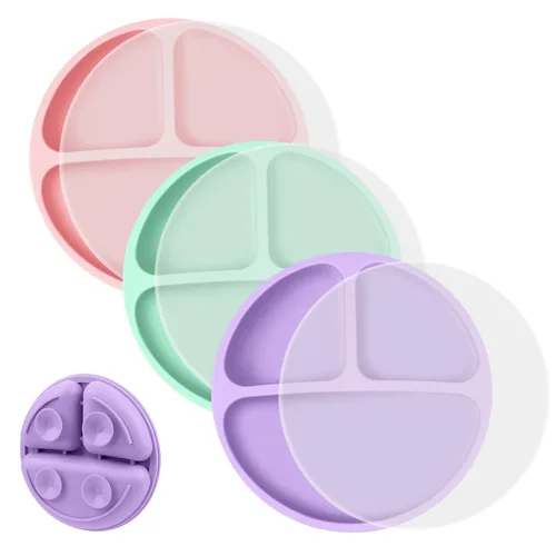 Miniatura 9 de Vicloon Plato de vajilla para niños pequeños, 2 piezas de placa de silicona con compartimentos divididos, placas de succión para bebés y niños Rosa