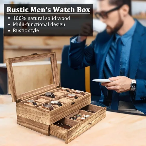 Miniatura 3 de Emfogo Caja de reloj funda de reloj con 10 ranuras para hombres y mujeres soporte de reloj de madera para hombres regalo para novio día del padre