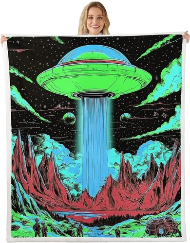 Miniatura 23 de Manta de franela de alienígena, misteriosa nave espacial estrellada con purpurina y planetas de cielo para decoración de habitaciones, manta
