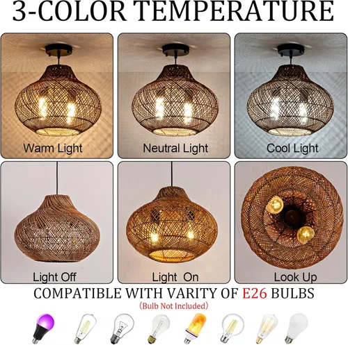 Miniatura 3 de Lámpara Colgante de Ratán Marrón Oscuro de 2 Luces, 14.96" Luz Colgante Redonda Rústica, Lámpara Colgante de Mimbre Curry Candelabro de Ratán Tejido
