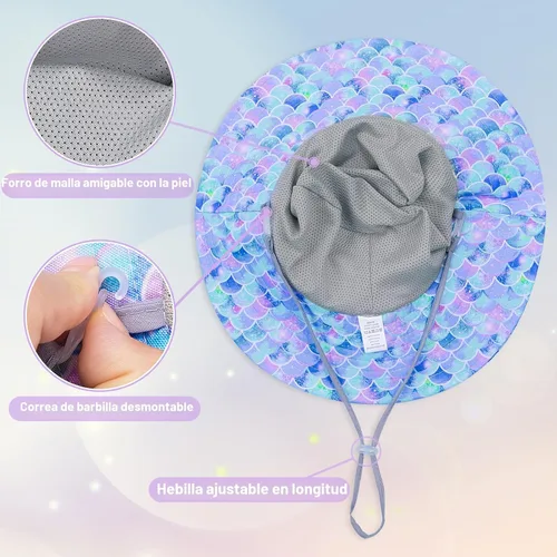 Miniatura 5 de Sombrero de sol para niñas de 2 a 8 años de malla con protección UV, sombrero de playa plegable para niñas de 2 a 8 años Azul
