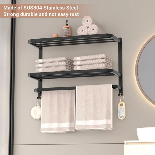Miniatura 4 de Estante de toallas de 3 niveles de 23 pulgadas en negro para baño con barras de toallas, estante de toallas de hotel multicapa de acero inoxidable