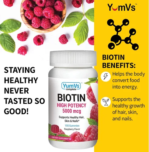 Miniatura 3 de YUM-V's Gomitas de biotina – Vitaminas de biotina de alta potencia 5,000 mcg – Vitaminas naturales para el cabello sabor frambuesa – Gomitas Kosher