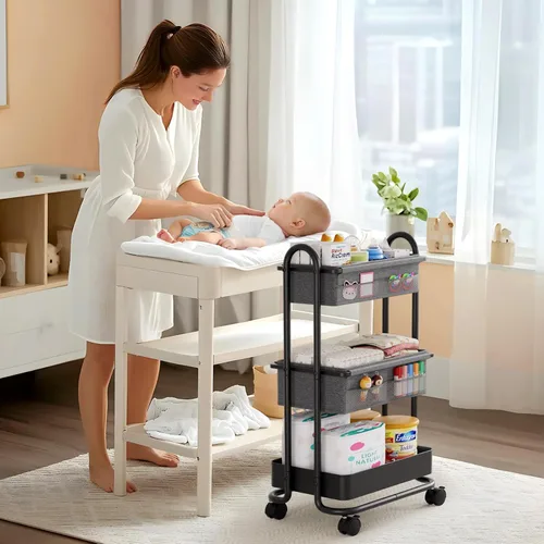 Miniatura 8 de Modanais Carrito organizador de pañales para bebé, carrito de almacenamiento rodante de 3 niveles con ruedas, artículos esenciales para bebé