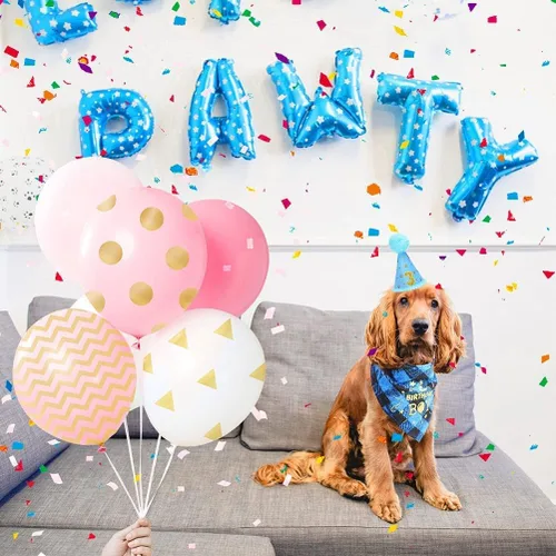 Miniatura 8 de Mihachi Suministros para fiestas de cumpleaños para perros, bandana y sombrero con número, bufanda triangular para regalo de decoración, perros