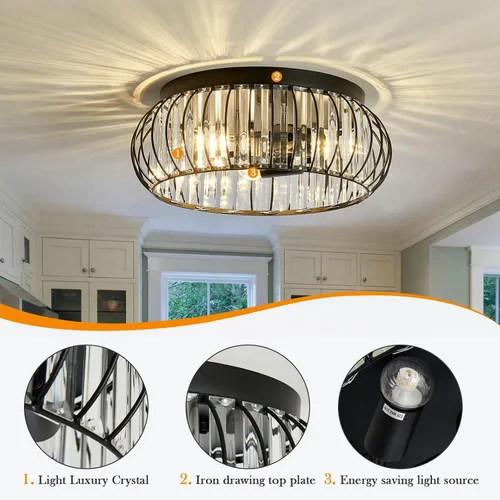 Miniatura 3 de YYJLX Lámpara de Techo Empotrada de 3 Luces, Candelabro de Cristal Moderno Negro E26, Iluminación Interior para Pasillo, Dormitorio, Baño