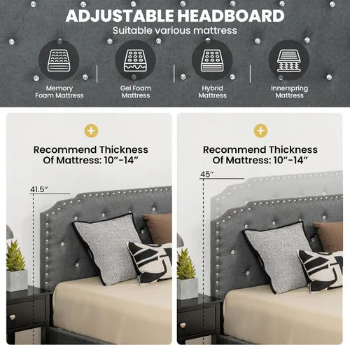 Miniatura 5 de Giantex Base de cama tapizada con cabecera ajustable, base de cama con plataforma suave capitonada de cristal con listones de madera, base