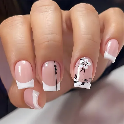 Miniatura 13 de 24 uñas postizas cuadradas de color negro brillante, de cobertura completa, con diseños de notas musicales, uñas postizas acrílicas con pegamento