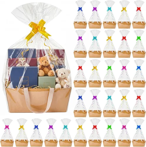Miniatura 10 de Tuanse 30 Piezas Canasta para Regalo Vacía Kit de Cesta de Regalo DIY a Granel con Asa Bandeja de Cartón Kraft con 30 Bolsas 30 Lazos Bandeja