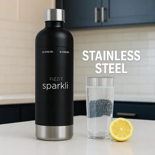 Miniatura 3 de FIZZIT Botella de Carbonatación de Acero Inoxidable Negro Compatible con Algunos Fabricantes de Soda Botella de Agua con Gas Reutilizable, Apta