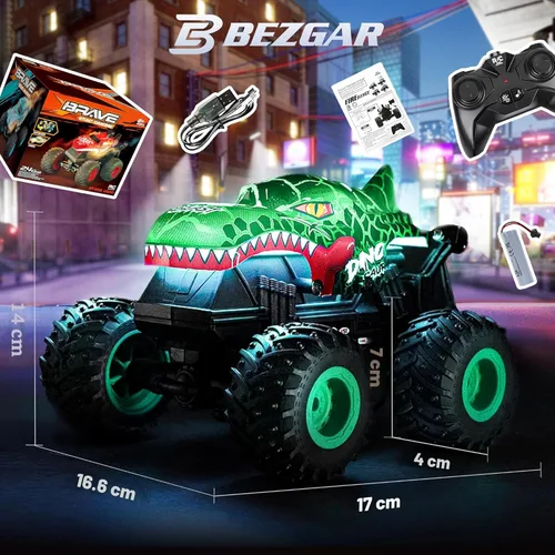 Miniatura 6 de BEZGAR Monster Truck Toys - Camión monstruo de control remoto con luz y música, juguetes de dinosaurios para niños, camión RC a escala 1:20 con Verde