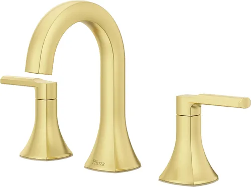 Pfister Vaneri - Grifo de lavabo de baño de 8 pulgadas, 3 agujeros, 2 manijas, oro cepillado, con drenaje de empuje y sellado, certificado NSF con