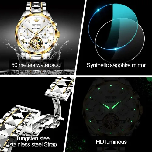 Miniatura 5 de OLEVS Relojes mecánicos automáticos de esqueleto para hombre, 5ATM, impermeable, tungsteno, acero inoxidable, cuerda automática, relojes de pulsera