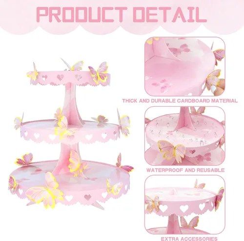 Miniatura 4 de Soporte para cupcakes de mariposa de 3 niveles, decoración de mariposa rosa, soporte para cupcakes de princesa, torre de postre para bodas