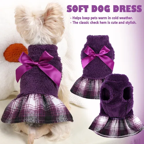 Miniatura 3 de Suéteres para perros pequeños y niñas, vestido suéter, dobladillo a cuadros, cuello alto, ropa mullida para mujer, abrigo cálido para mascotas, ropa