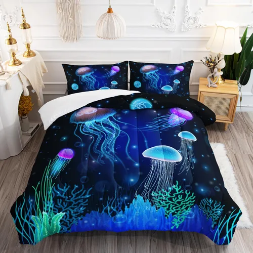 Miniatura 12 de AILONEN Lindo juego de edredón de ajolote tamaño Queen, 3 piezas para niños y niñas, ropa de cama en una bolsa, ropa de cama costera azul turquesa