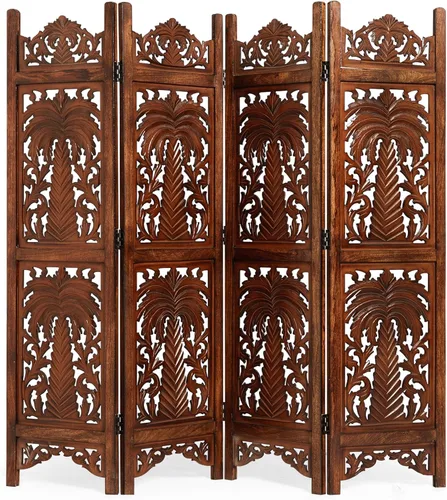 Lightnpro 4 Panel Palm Tree Wooden Room Divider 64"(W) x 60"(H) Hand-Carved Folding Privacy Screen, Pre-Assembled Decorative Partition for Living