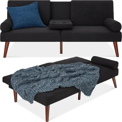 Best Choice Products Mid-Century - Futón tapizado moderno, sofá cama plegable convertible, sofá pequeño con reposabrazos redondeados, 2 portavasos,