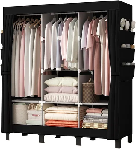 Armario portátil, caja de almacenamiento de ropa, armario simple para colgar ropa, múltiples estantes y 3 barras, 6 bolsillos laterales (negro)