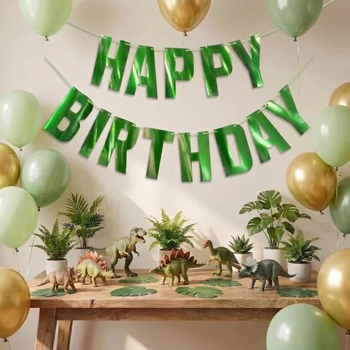 Miniatura 4 de Letjolt Cartel verde de feliz cumpleaños con temática de vegetación decoración de fiesta guirnalda suministros para cumpleaños guardería decoración