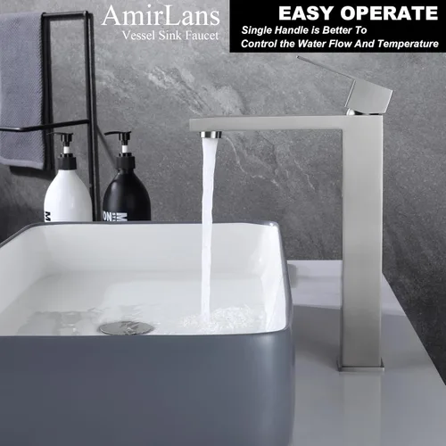 Miniatura 3 de Grifo de lavabo para recipiente de baño, de níquel cepillado, grifo alto de baño de un solo agujero y una sola manija, grifo alto de baño de níquel