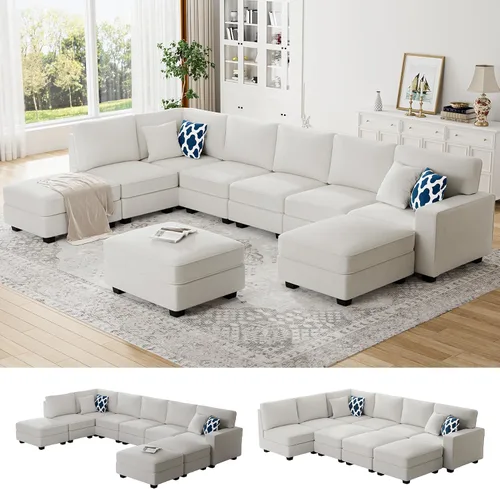 Miniatura 36 de Legend Vansen - Sofá modular seccional en forma de U con otomano, moderno, reversible, de esquina, para sala de estar (Créma, Sofá en forma de U-3)