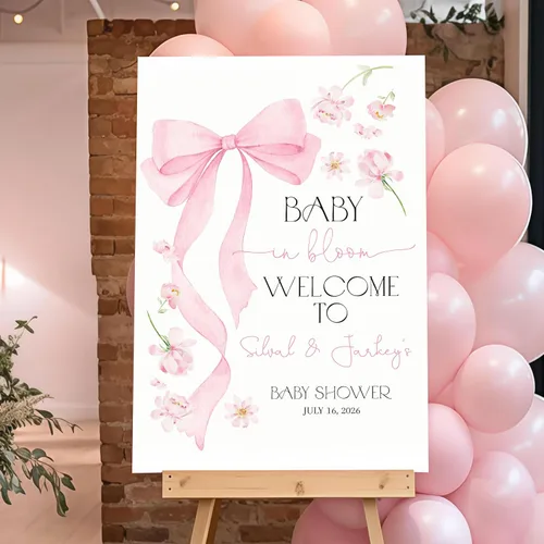 Miniatura 5 de Letrero de bienvenida personalizado con lazo rosa, editable imprimible para fiesta de bebé, letrero de baby shower con lazo rosa #4 Baby Shower #4