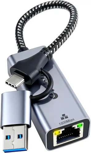 Adaptador Ethernet a USB, 1 Gbps USB a RJ45 Gigabit LAN, USB 3.0 Ethernet compatible con 10/100/1000 Mbps. Compatible con portátiles, PC, Mac OS,