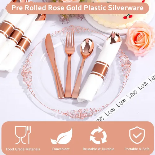 Miniatura 7 de Juego de 400 cubiertos de plástico de oro rosa preenrollado, cubiertos de oro rosa resistente, incluye 100 utensilios desechables envueltos con Oro