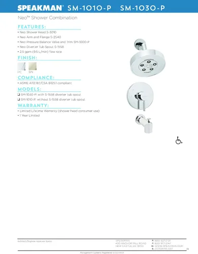 Miniatura 3 de Speakman SM-1010-P Neo Anystream Cabezal de ducha de alta presión y válvula de equilibrio de presión Combo, cromo pulido