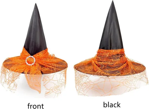 Miniatura 5 de Sombrero de bruja de Halloween para mujer, sombrero puntiagudo con velo, accesorio para disfraz de bruja de carnaval, fiesta de disfraces